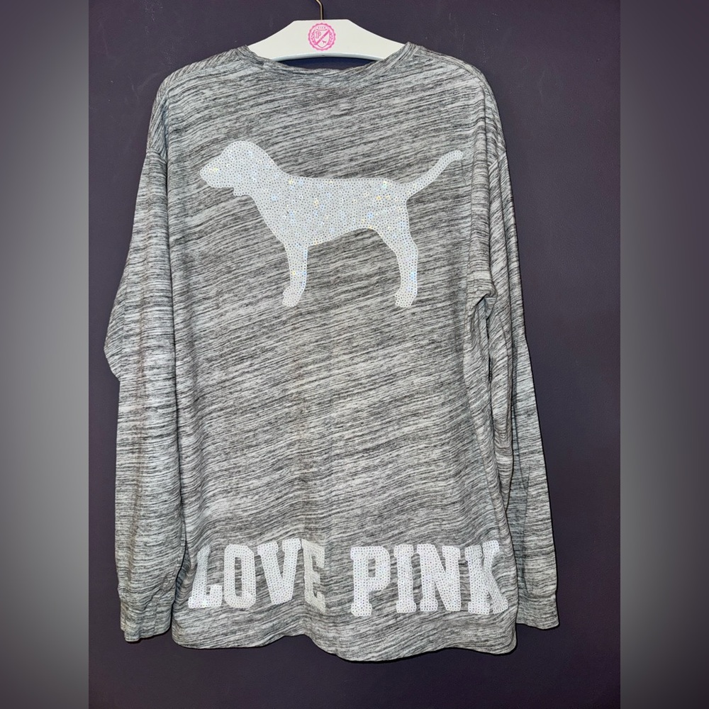 VS PINK LONG SLEEVE CAMPUS TEE SHIRT MARL GRAY DOG LOVE LOGO IRIDESCENT BLING M